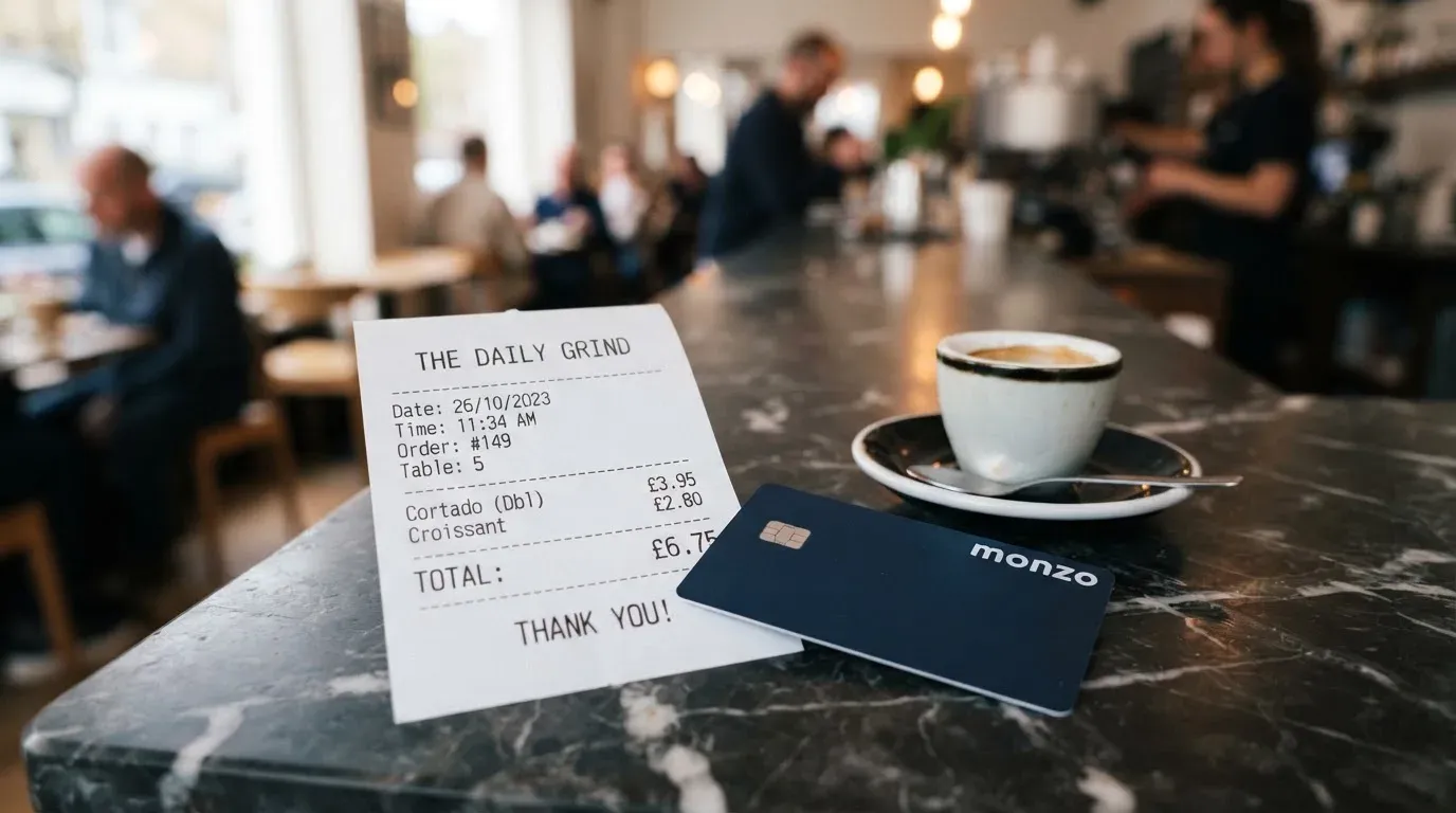 A receipt and a card on a café table