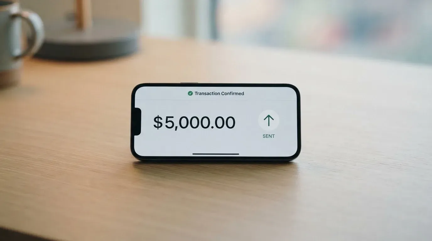 A phone showing a stablecoin transfer screen