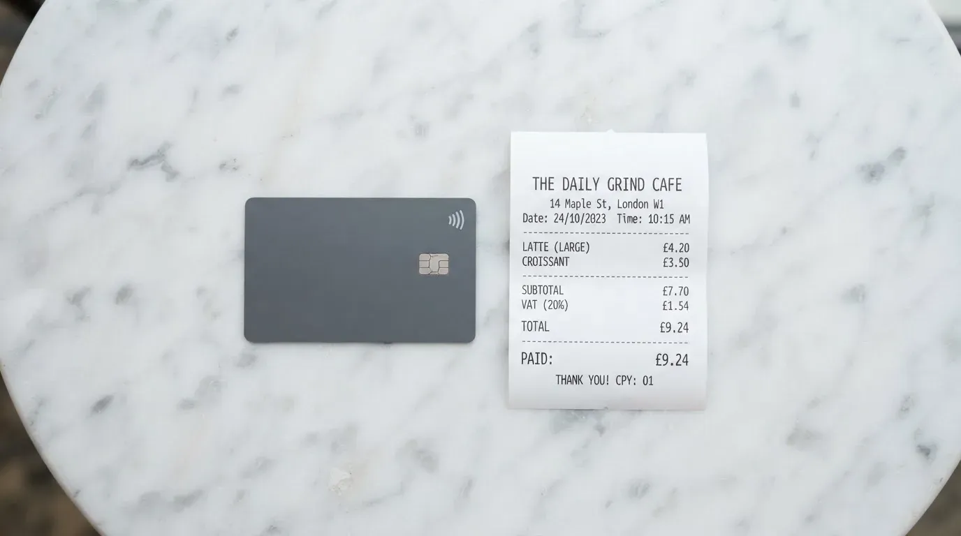 A receipt and a card on a café table