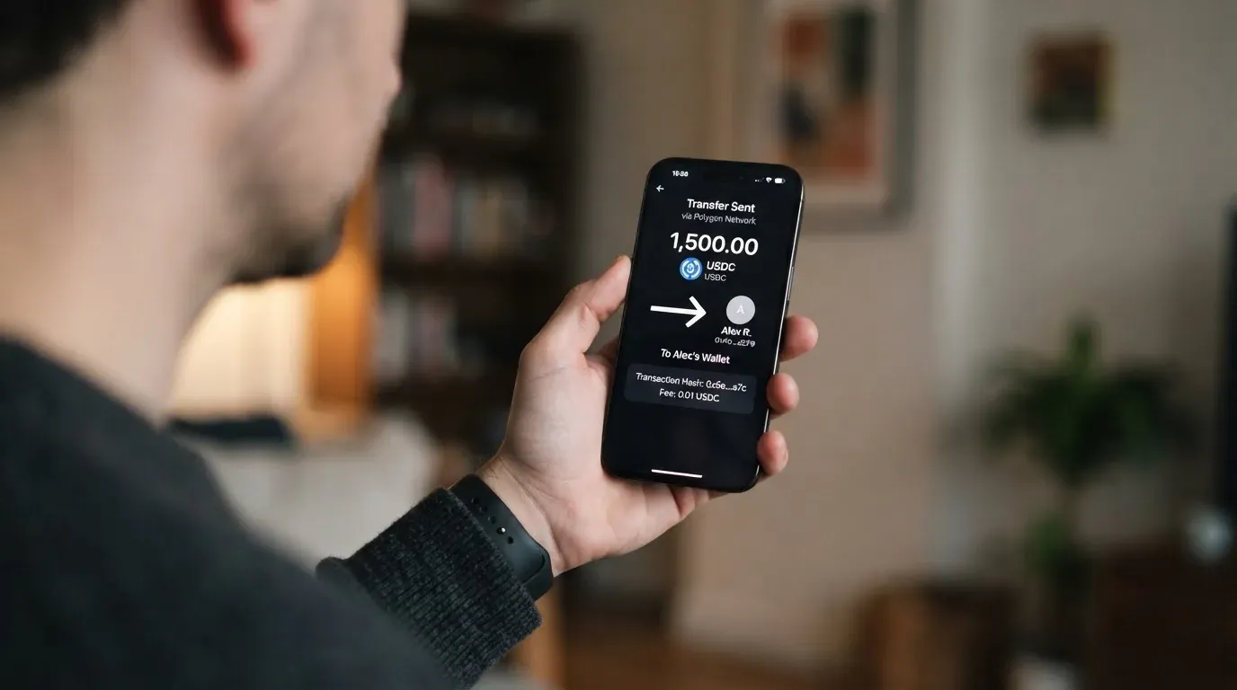 A phone showing a stablecoin transfer screen