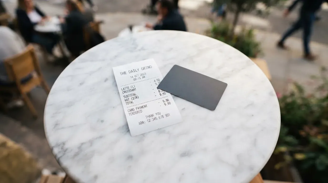 A receipt and a card on a café table