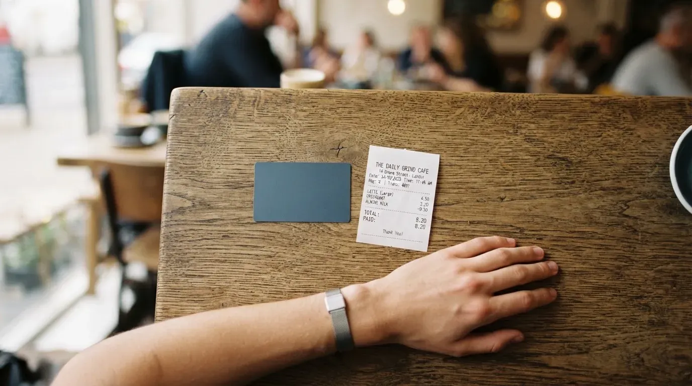 A receipt and a card on a café table