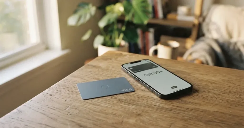 A payment card next to a phone with a crypto wallet app open