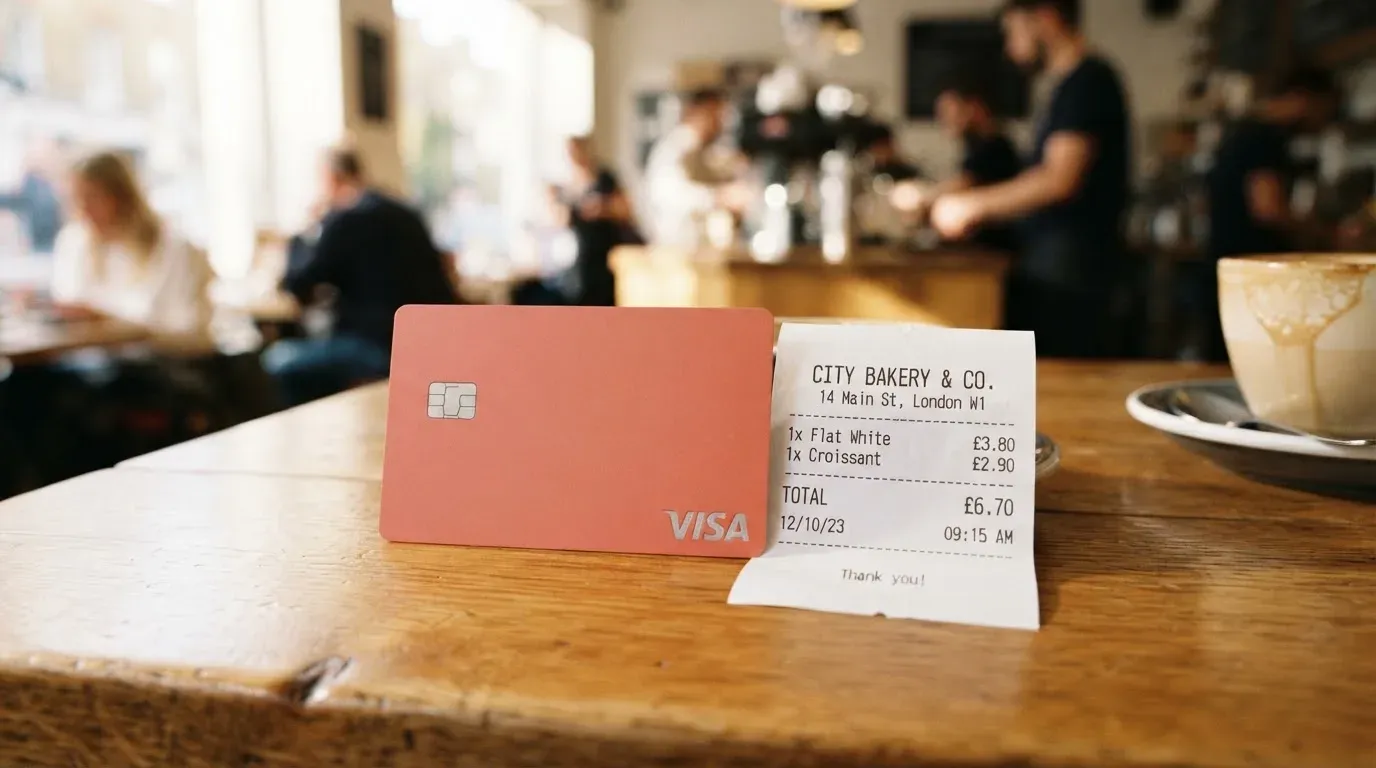 A receipt and a card on a café table