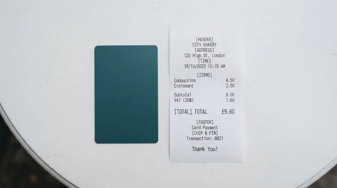 A receipt and a card on a café table