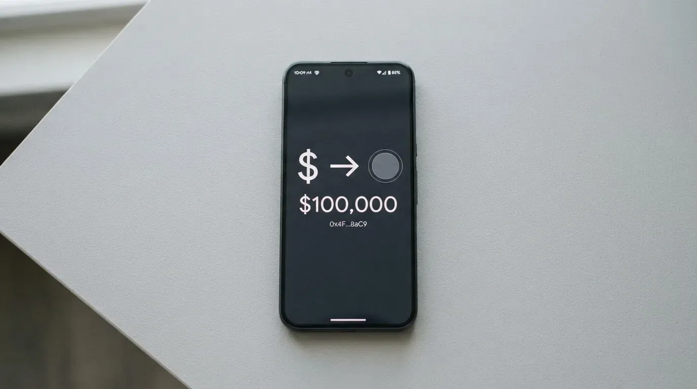 A phone showing a stablecoin transfer screen