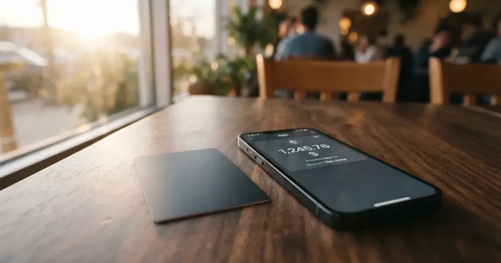 A payment card next to a phone with a crypto wallet app open