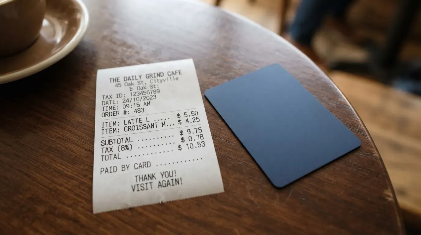 A receipt and a card on a café table
