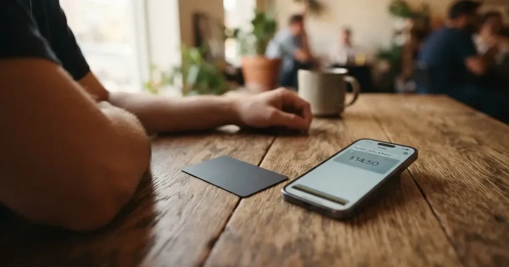 A payment card next to a phone with a crypto wallet app open