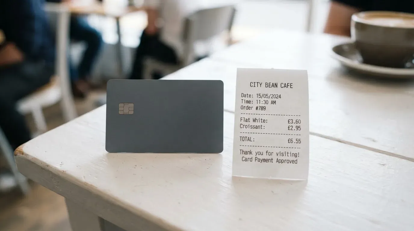 A receipt and a card on a café table