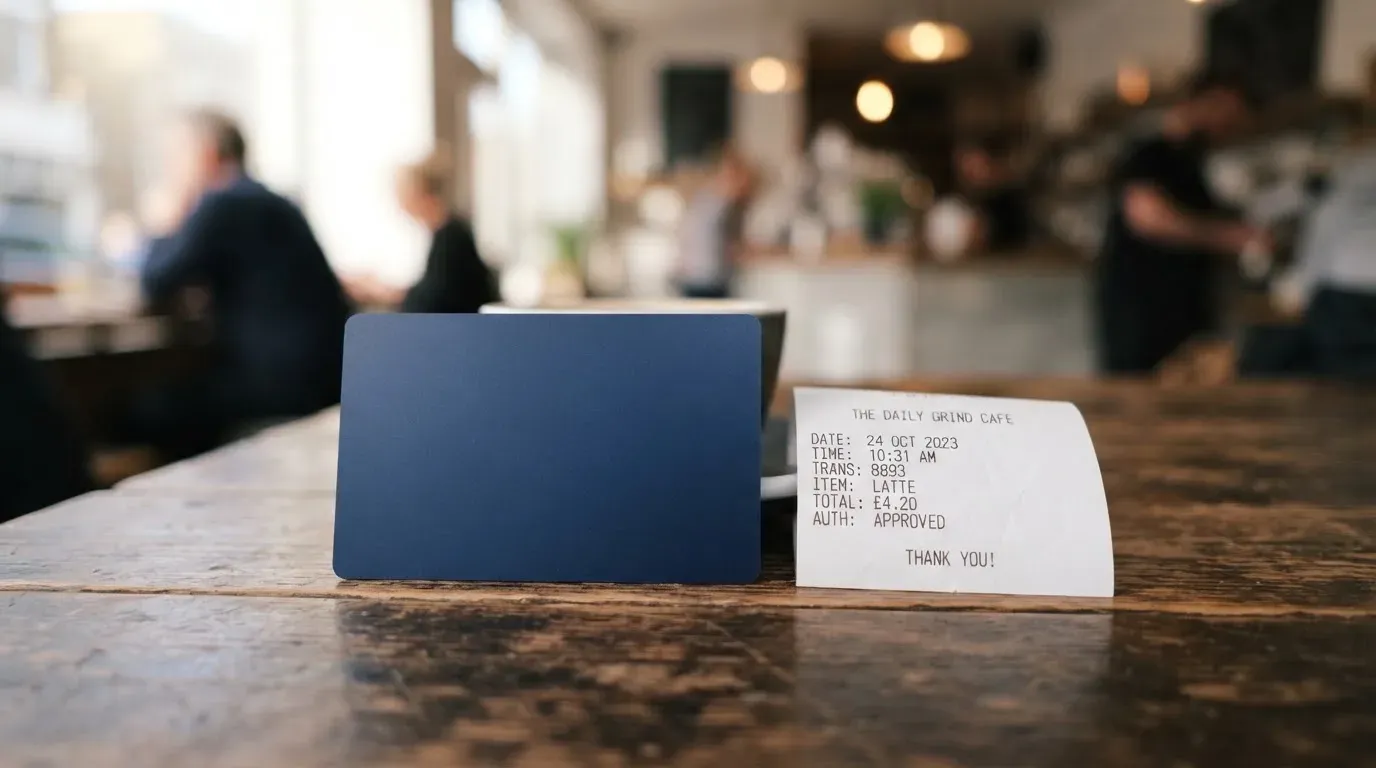 A receipt and a card on a café table