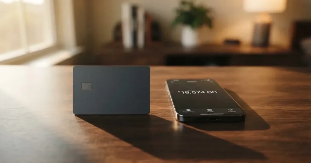 A payment card next to a phone with a crypto wallet app open