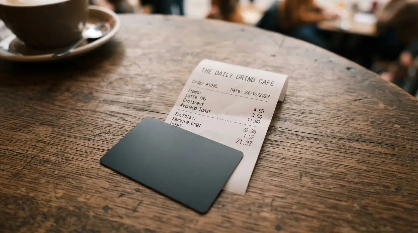 A receipt and a card on a café table