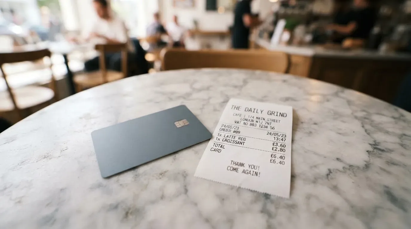 A receipt and a card on a café table