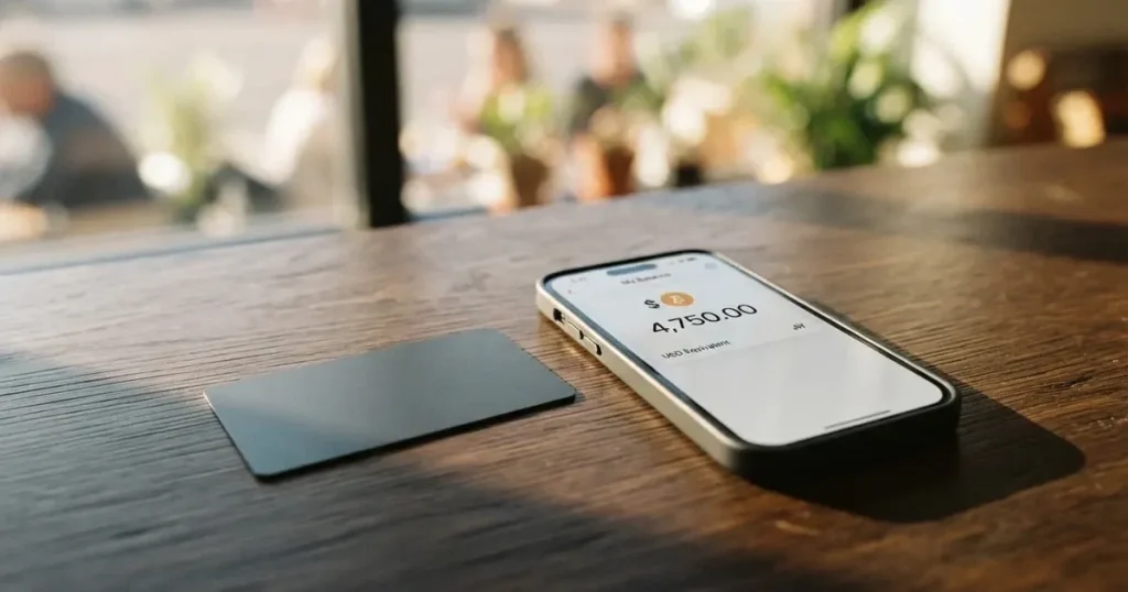A payment card next to a phone with a crypto wallet app open