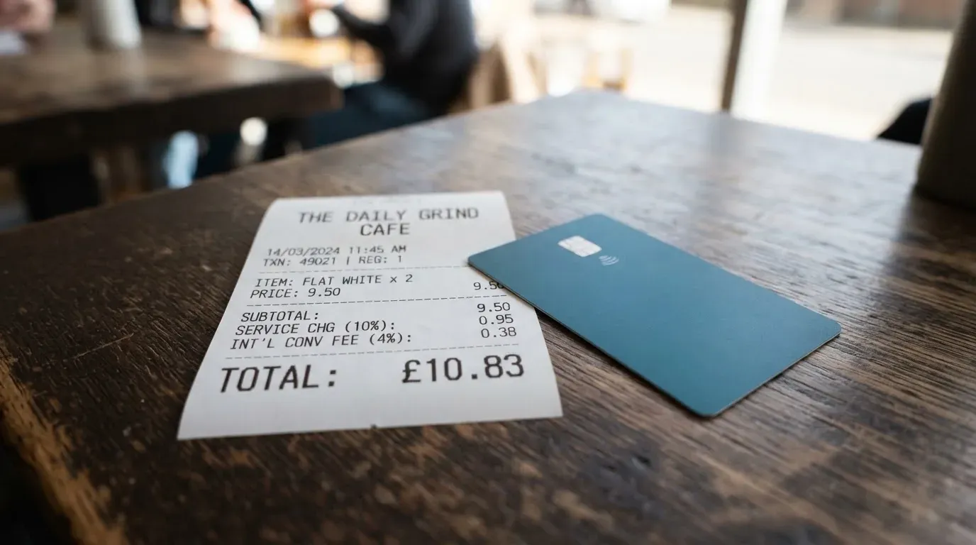 A receipt and a card on a café table