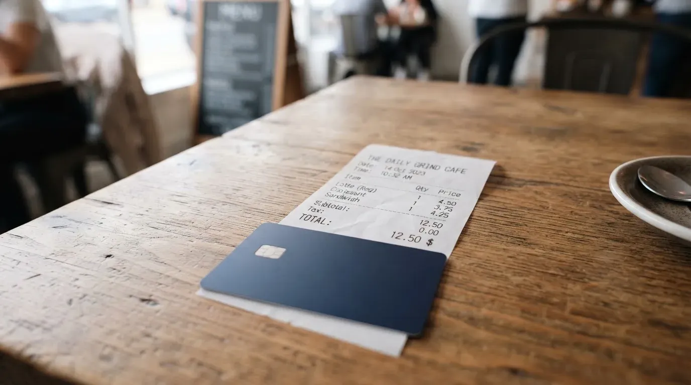 A receipt and a card on a café table