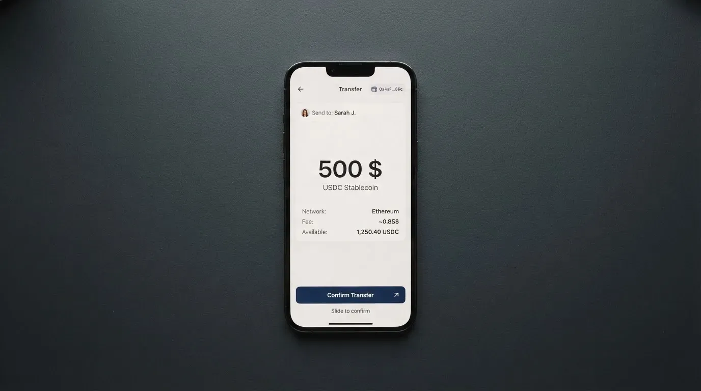 A phone showing a stablecoin transfer screen