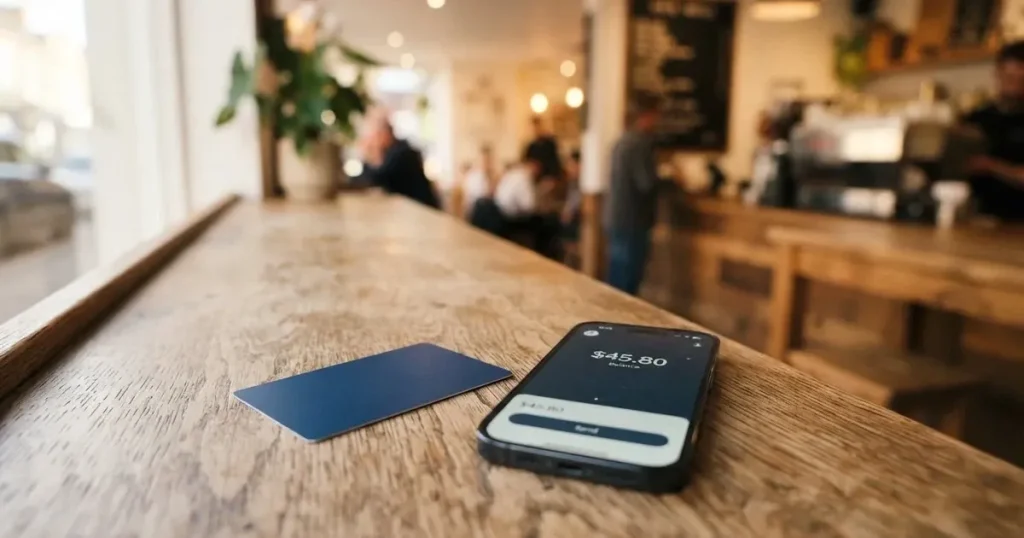 A payment card next to a phone with a crypto wallet app open