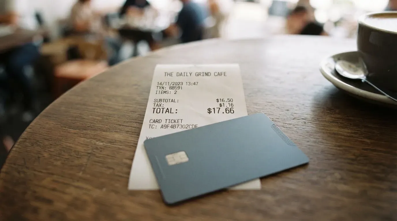 A receipt and a card on a café table