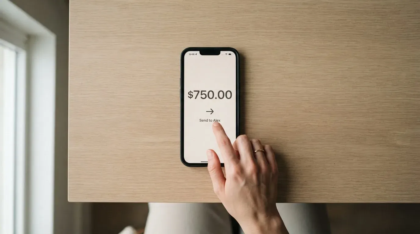 A phone showing a stablecoin transfer screen