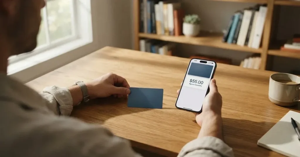 A payment card next to a phone with a crypto wallet app open