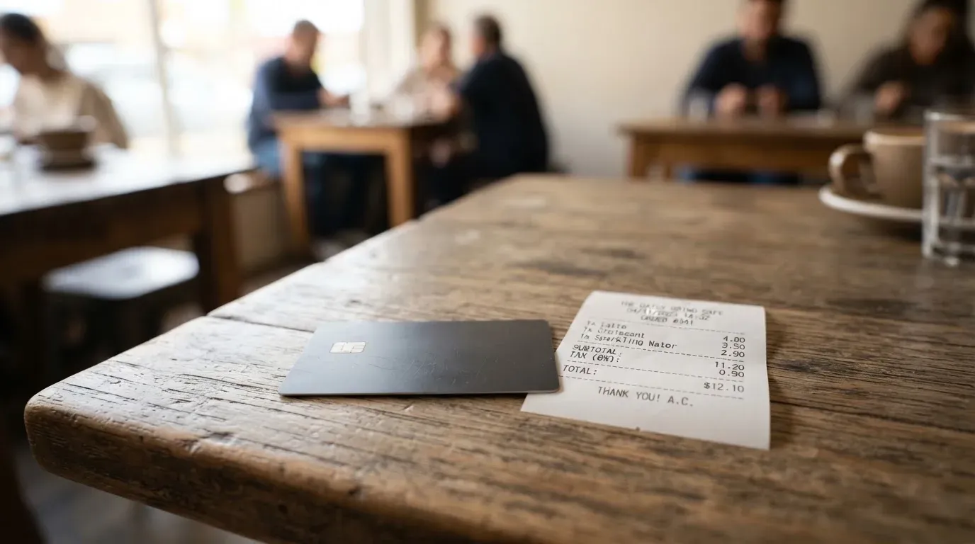 A receipt and a card on a café table