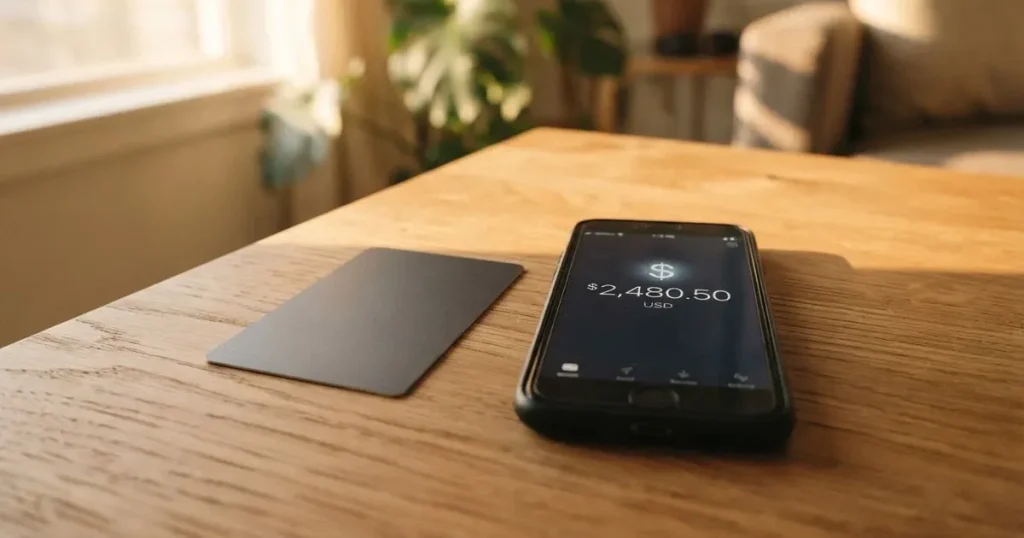 A payment card next to a phone with a crypto wallet app open