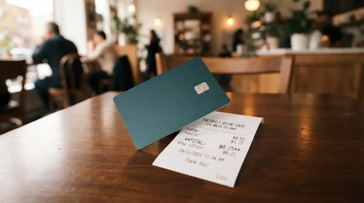A receipt and a card on a café table