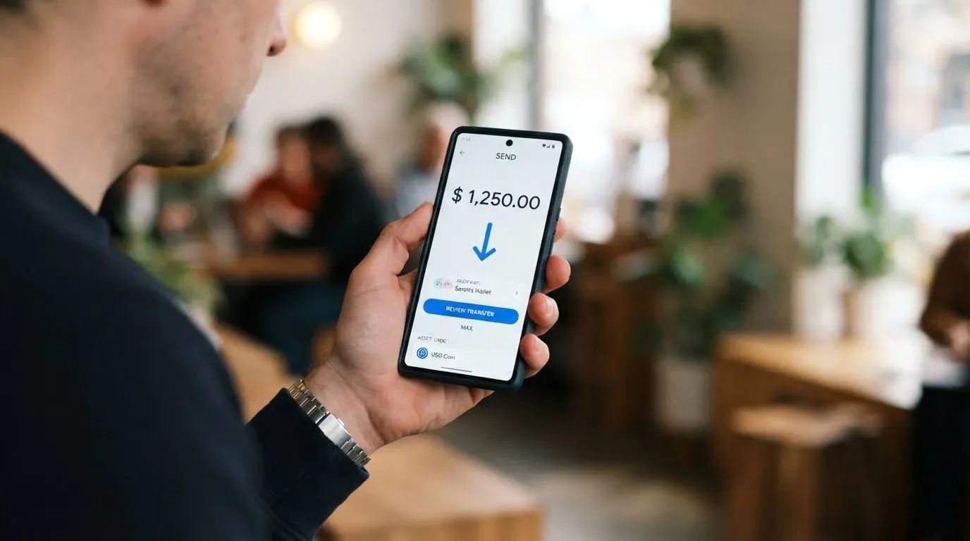 A phone showing a stablecoin transfer screen