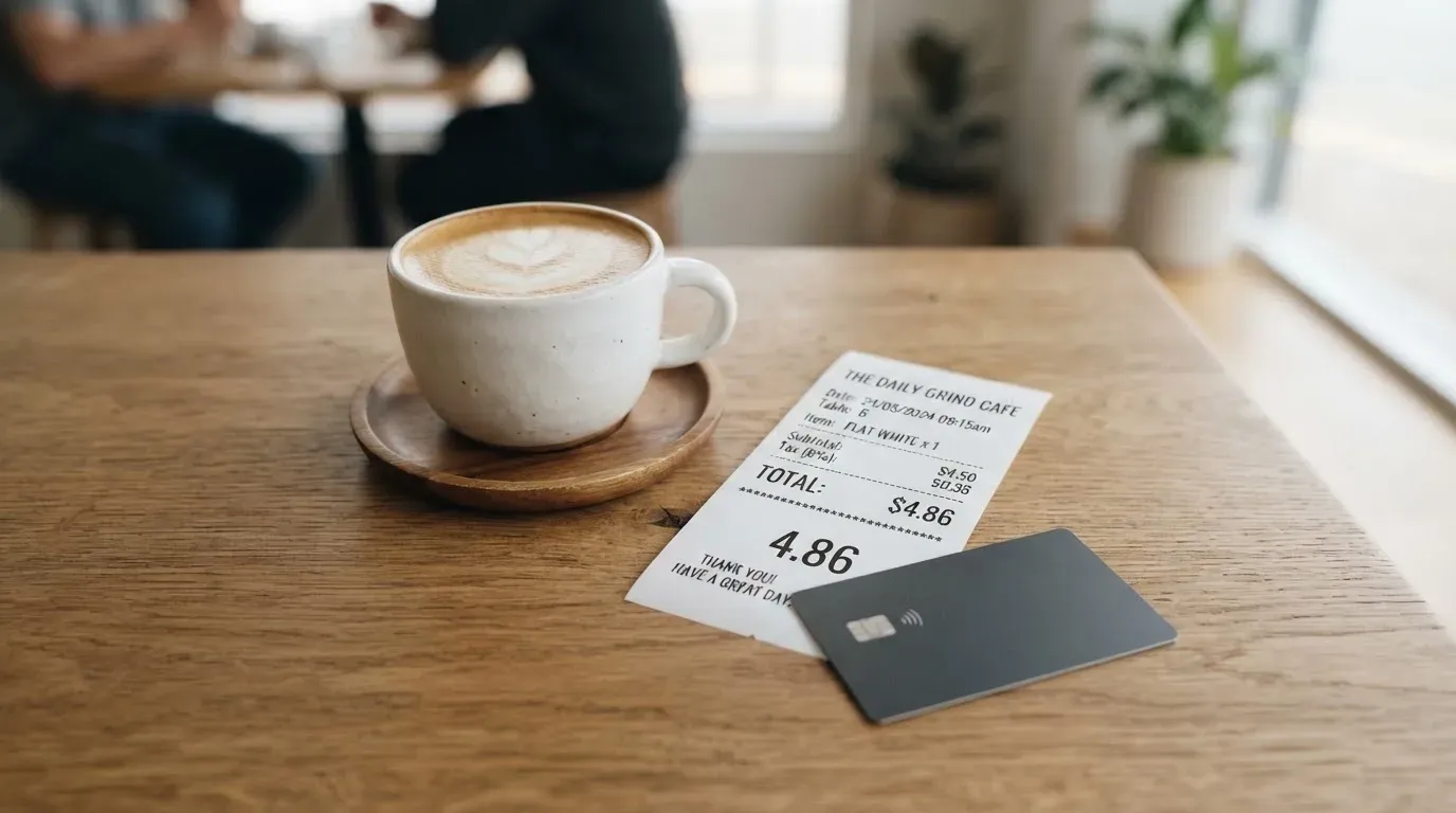 A receipt and a card on a café table
