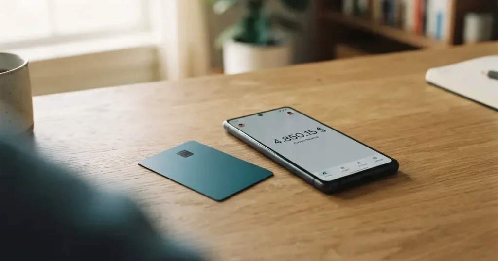 A payment card next to a phone with a crypto wallet app open
