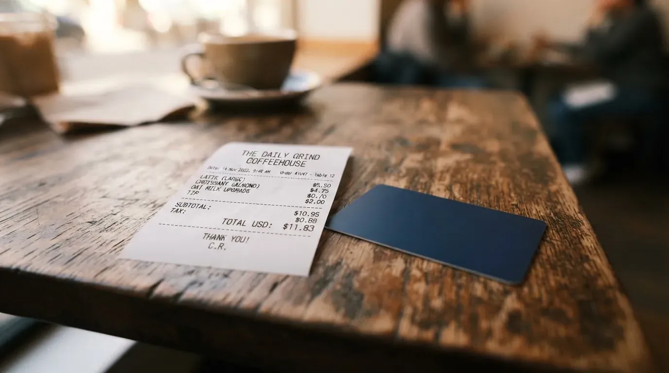 A receipt and a card on a café table