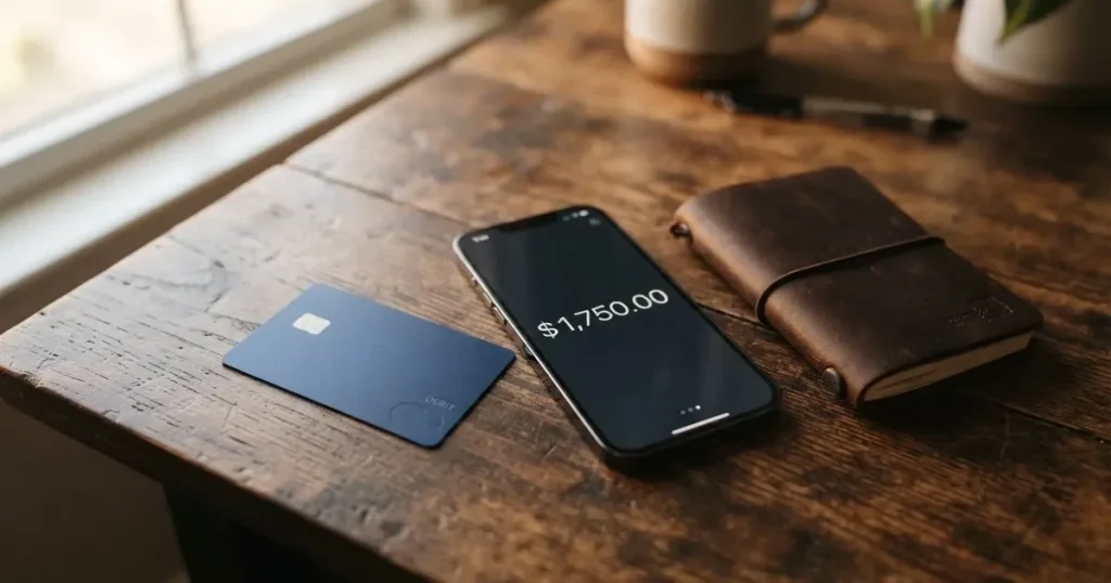 A payment card next to a phone with a crypto wallet app open