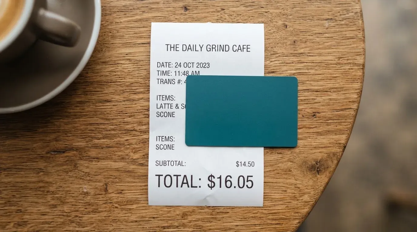 A receipt and a card on a café table
