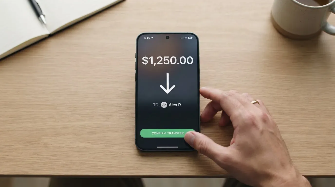 A phone showing a stablecoin transfer screen