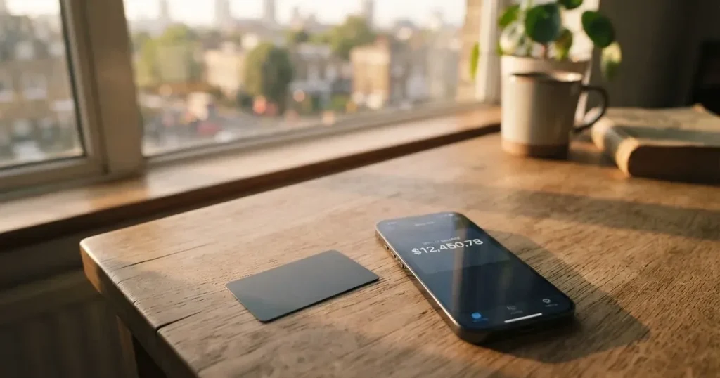 A payment card next to a phone with a crypto wallet app open