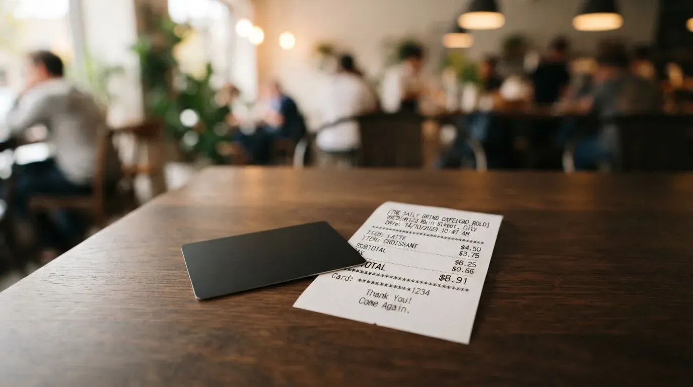 A receipt and a card on a café table