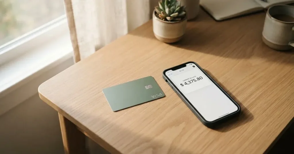 A payment card next to a phone with a crypto wallet app open