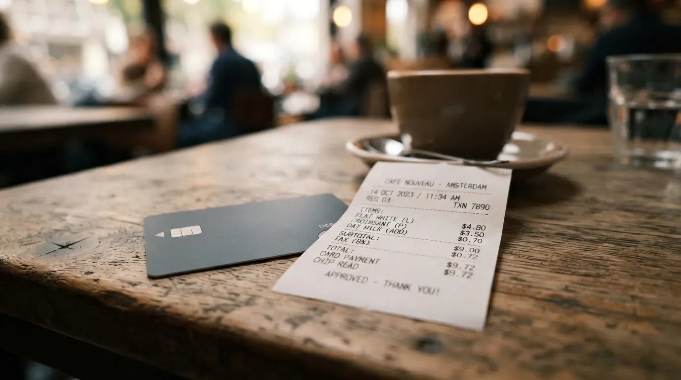 A receipt and a card on a café table