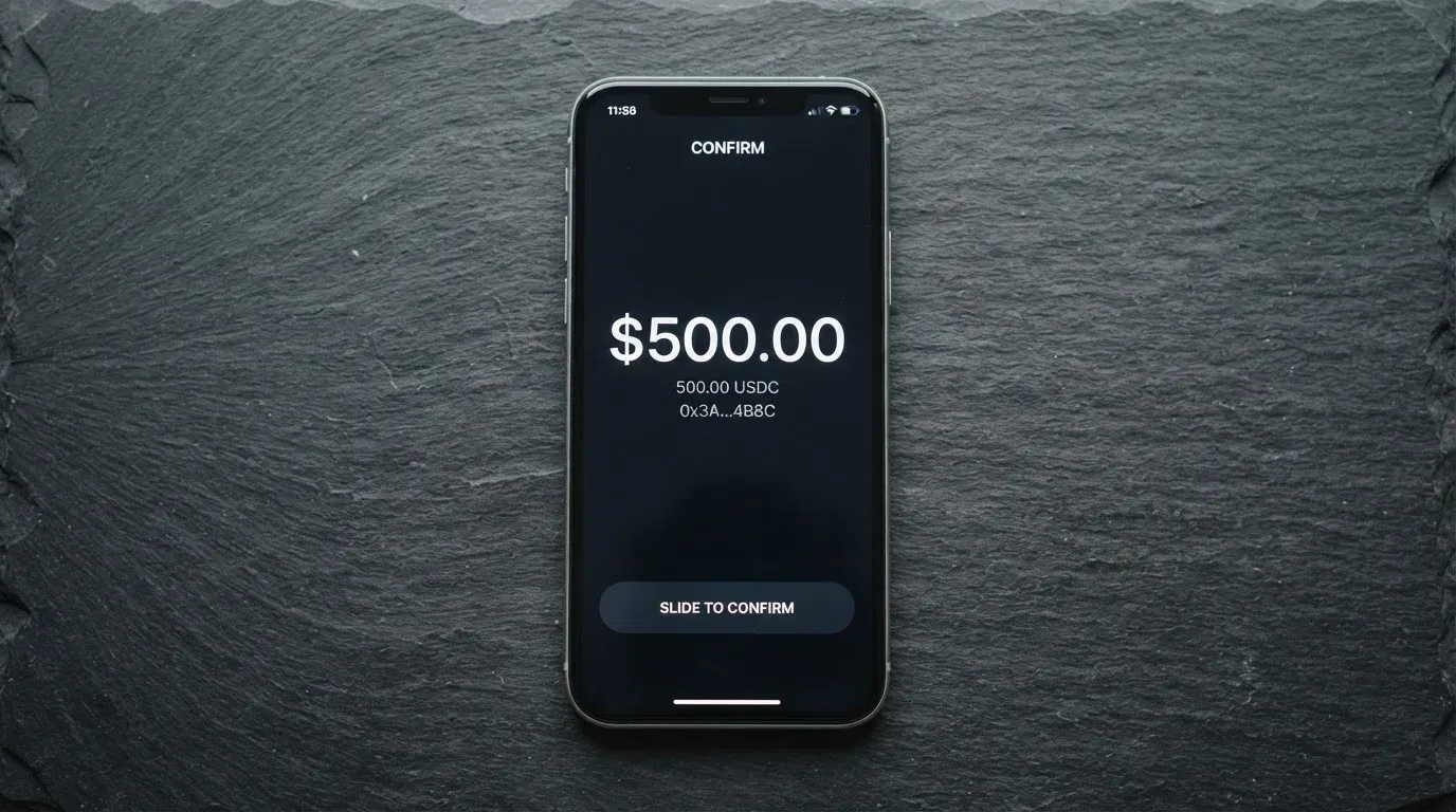 A phone showing a stablecoin transfer screen