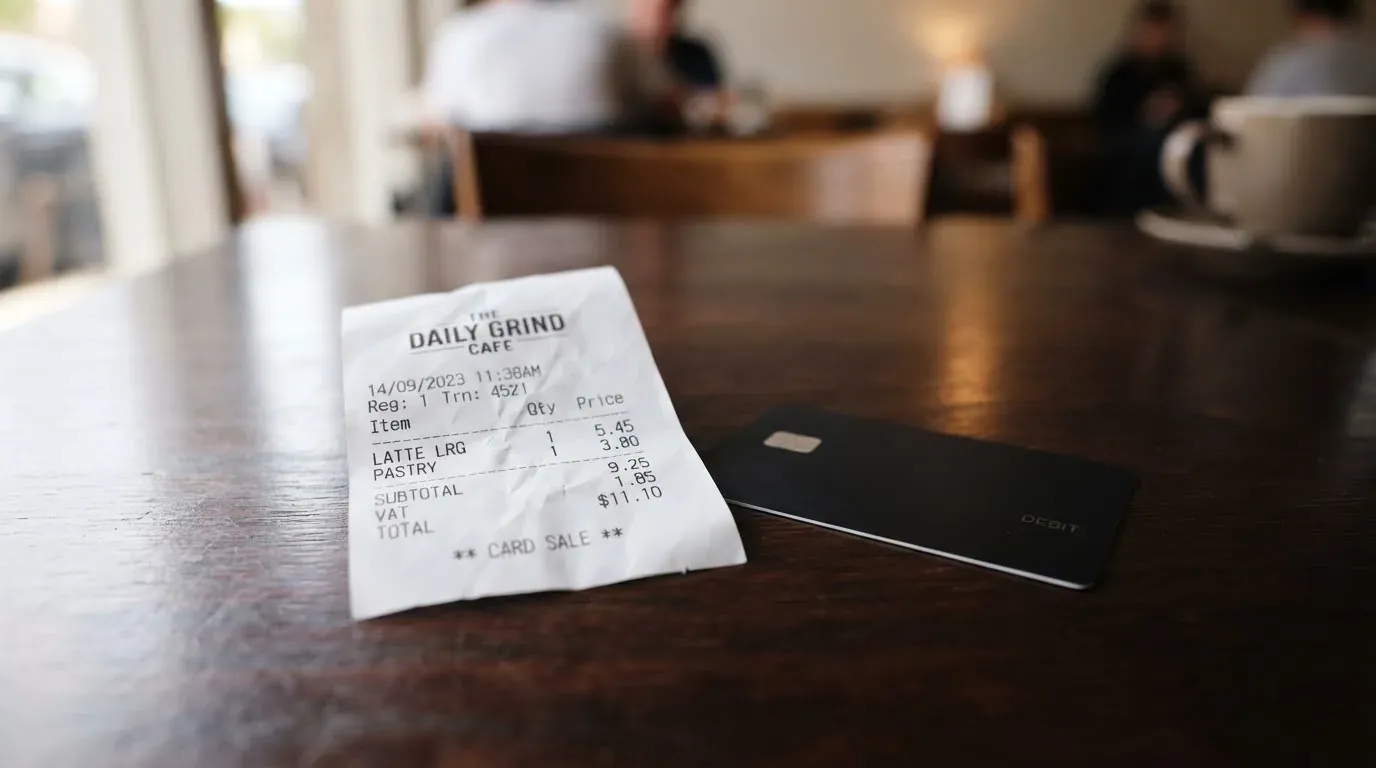 A receipt and a card on a café table