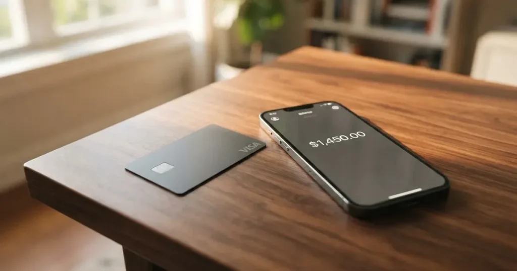 A payment card next to a phone with a crypto wallet app open
