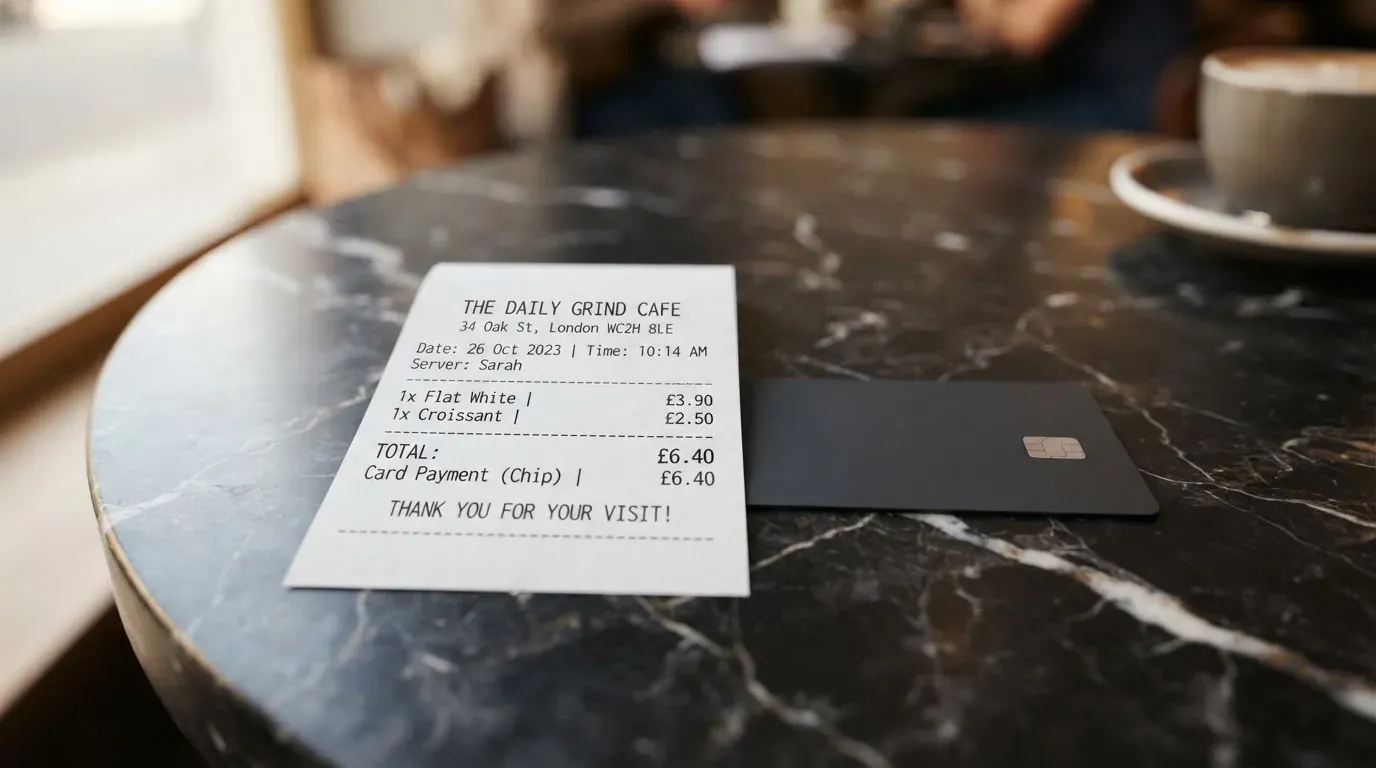 A receipt and a card on a café table