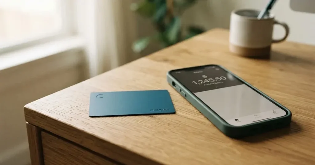 A payment card next to a phone with a crypto wallet app open