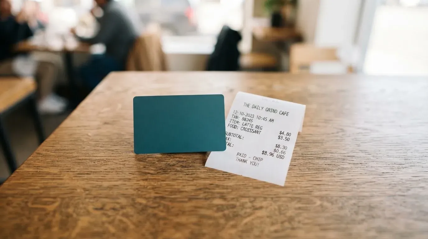 A receipt and a card on a café table