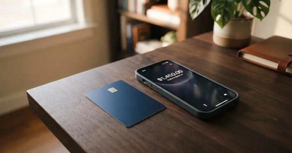 A payment card next to a phone with a crypto wallet app open