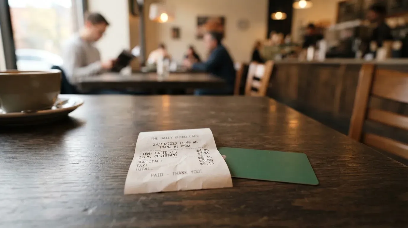 A receipt and a card on a café table