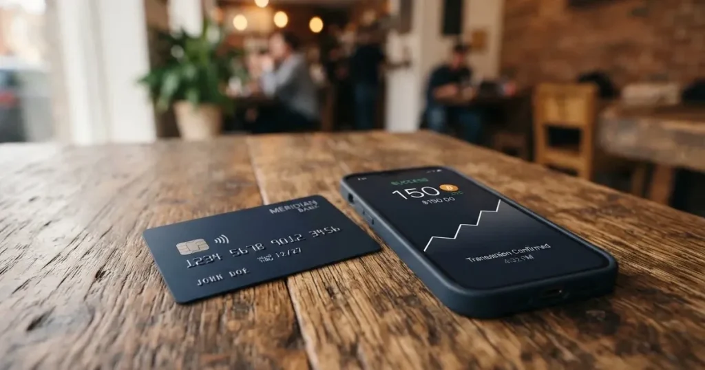 A payment card next to a phone with a crypto wallet app open