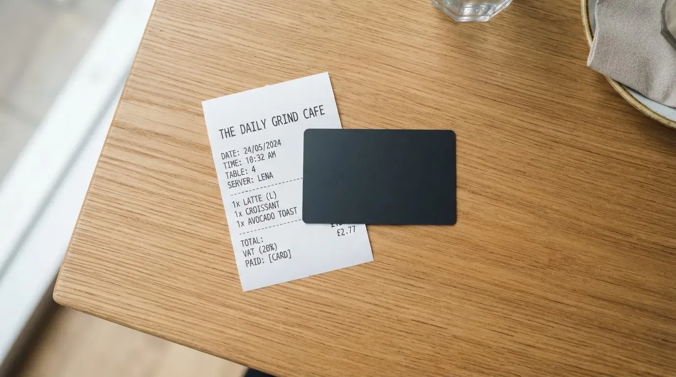 A receipt and a card on a café table